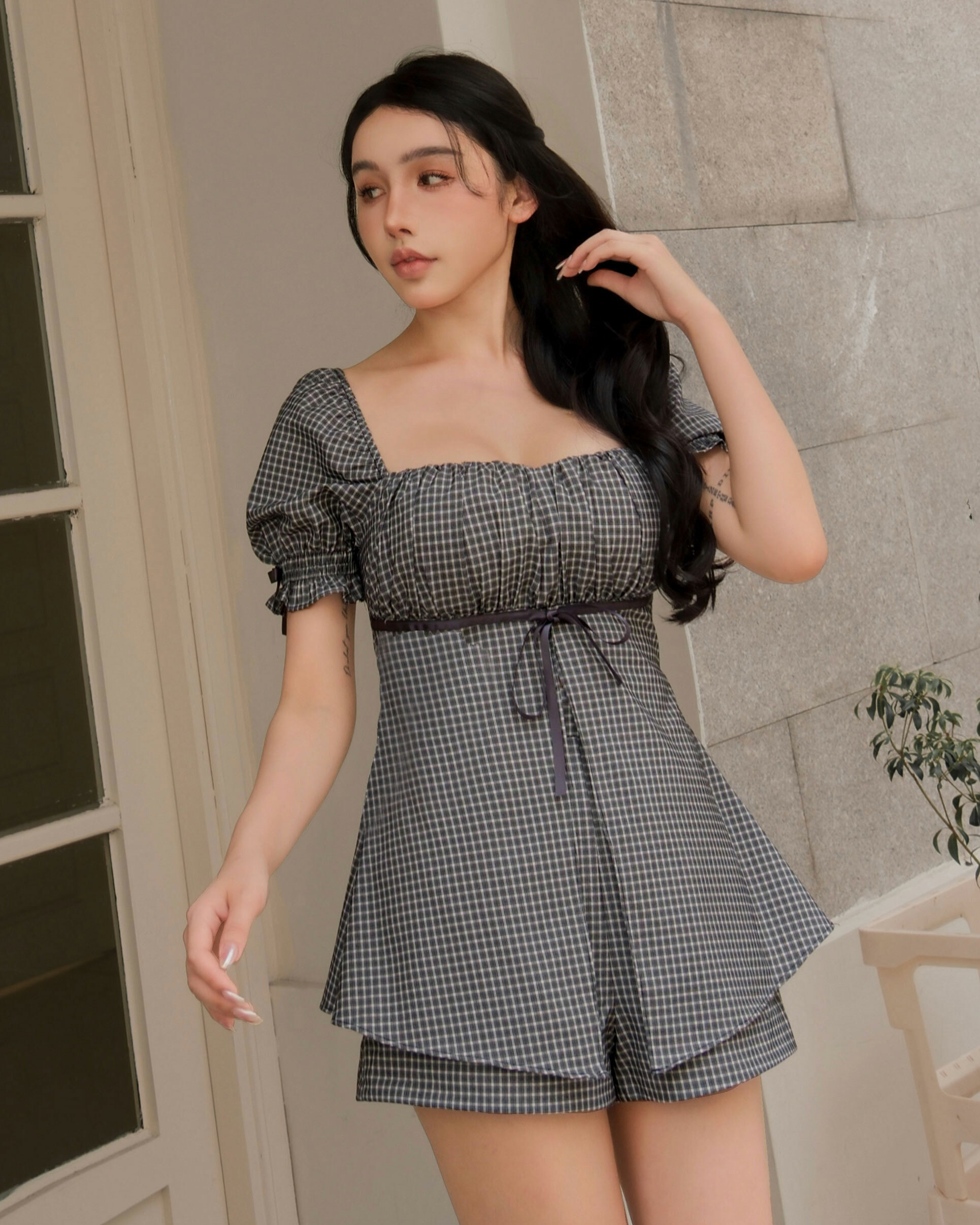 ⭒訂製-甜美格紋緞帶桃心套裝