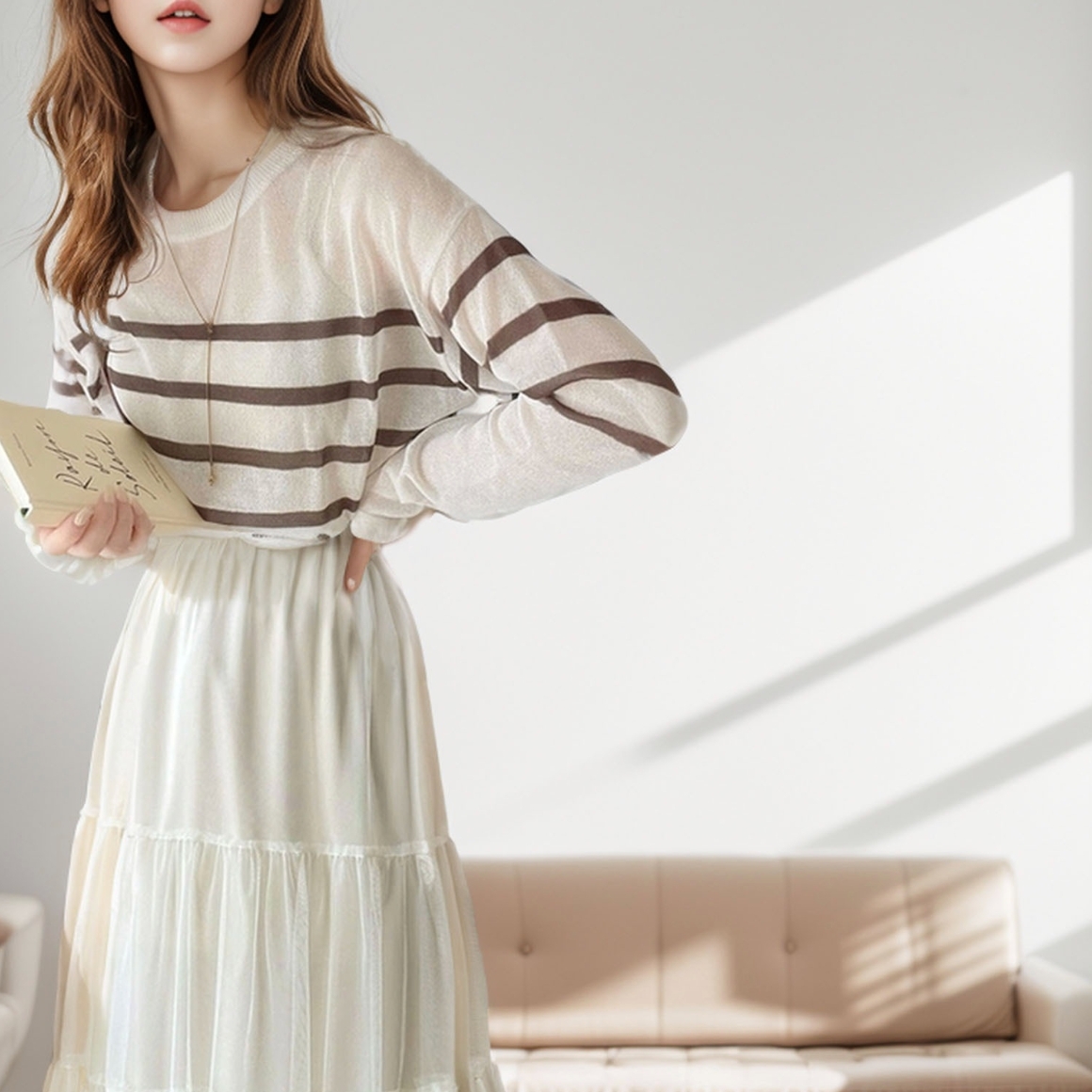 透膚條紋休閒感上衣