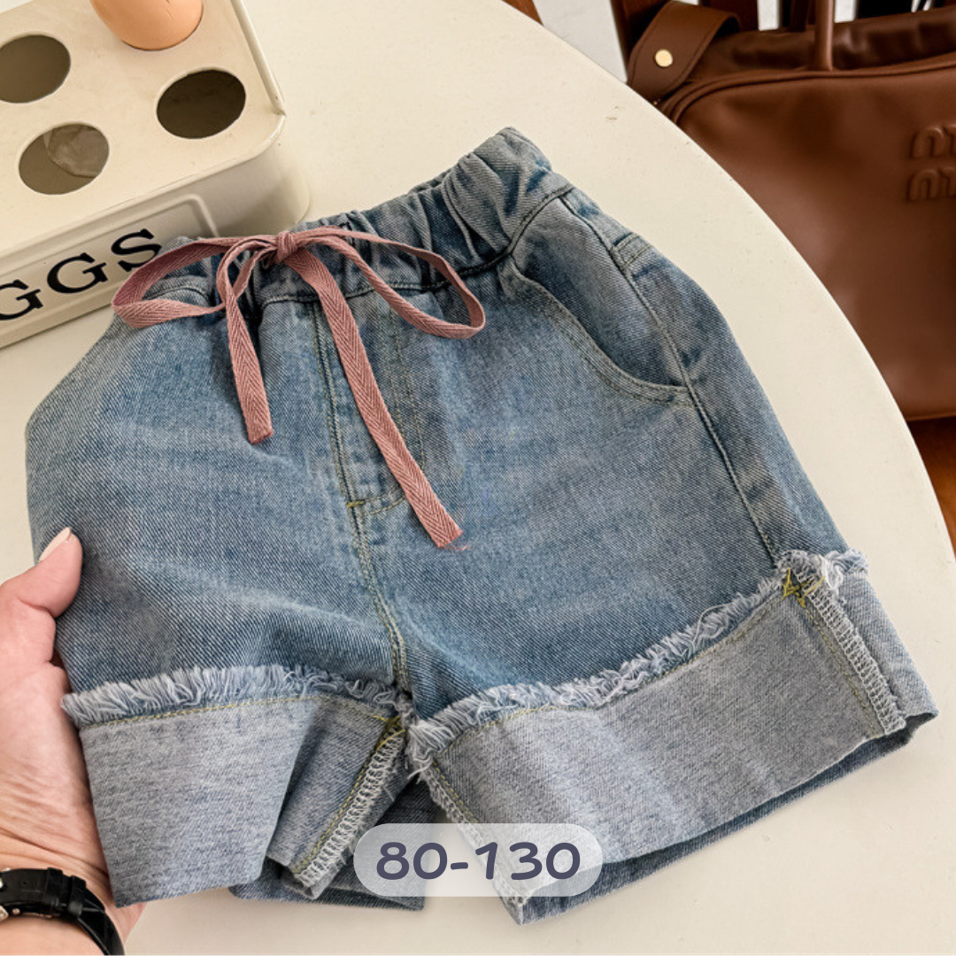 【限量】藕粉腰繩假摺牛仔短褲