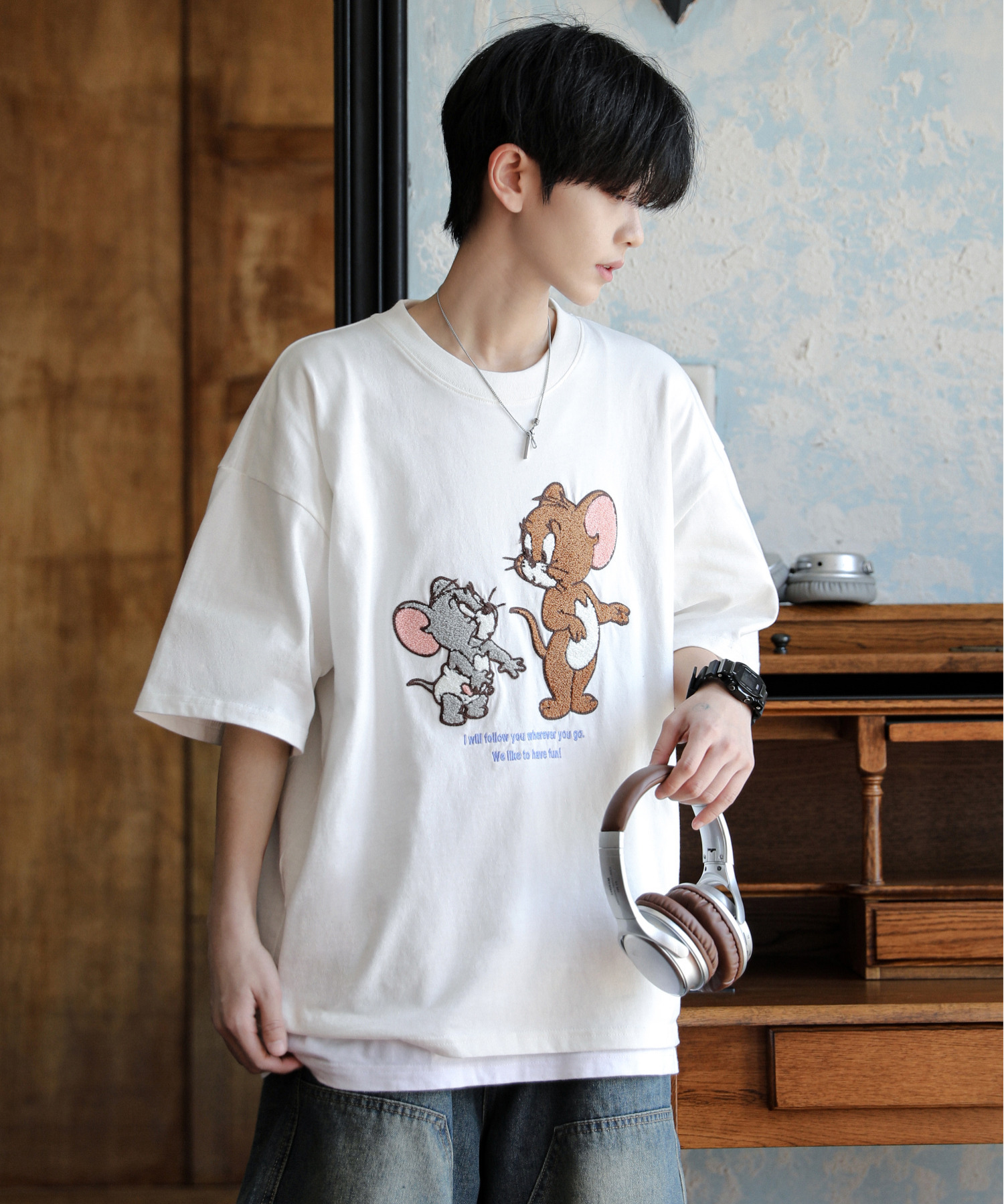 (日本連線)TOM&JERRY 貓與老鼠 寬鬆刺繡半袖短T 傑利與小不點泰菲