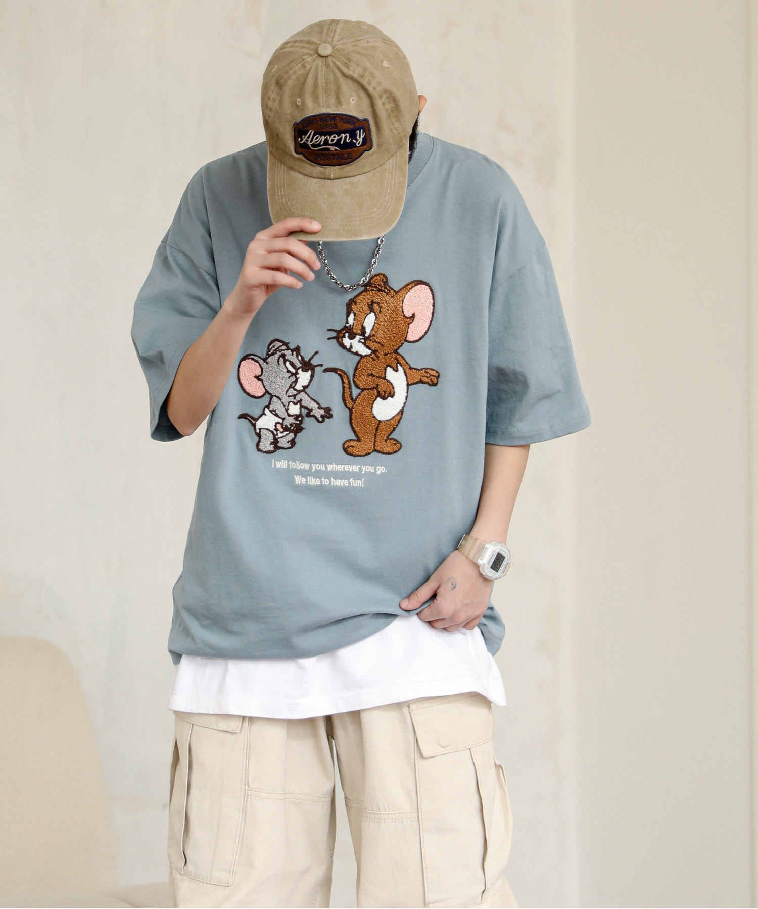 (日本連線)TOM&JERRY 貓與老鼠 寬鬆刺繡半袖短T 傑利與小不點泰菲