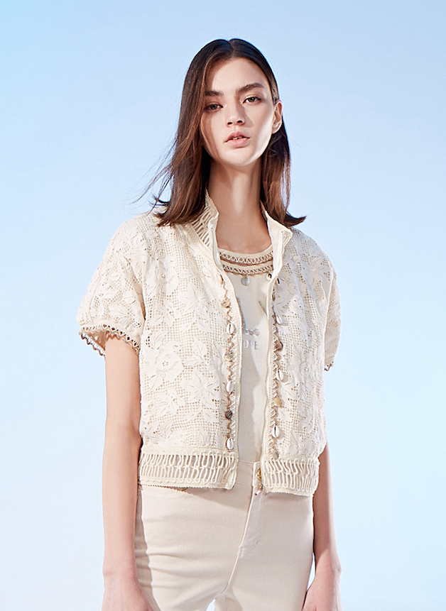 BD10037D1 浮雕花園水溶蕾絲沙灘度假圖領夾克