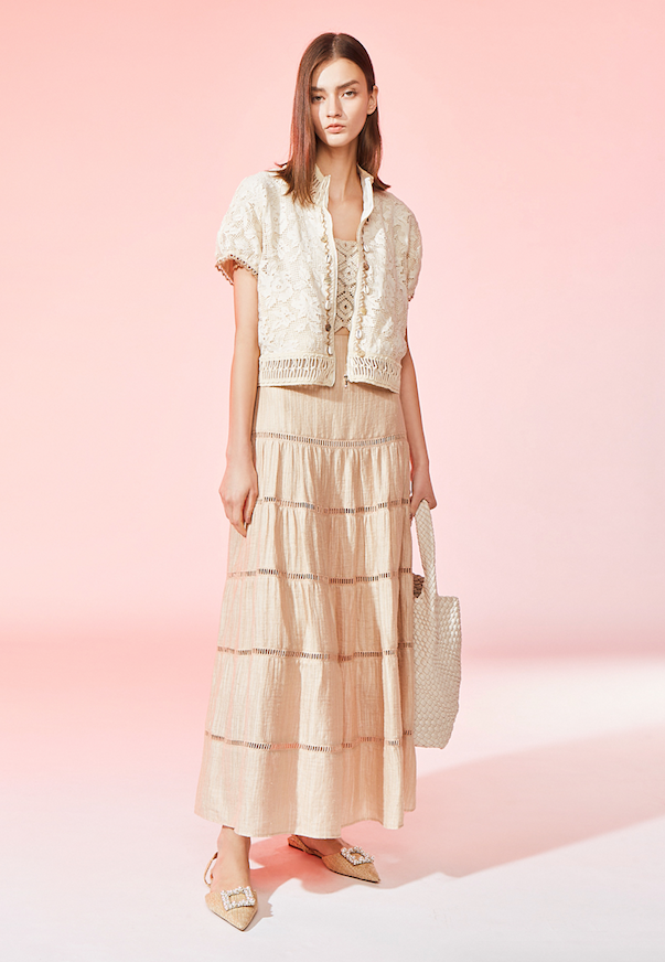 BD10010C1 浮雕花園砂金色木紋提花蛋糕長裙