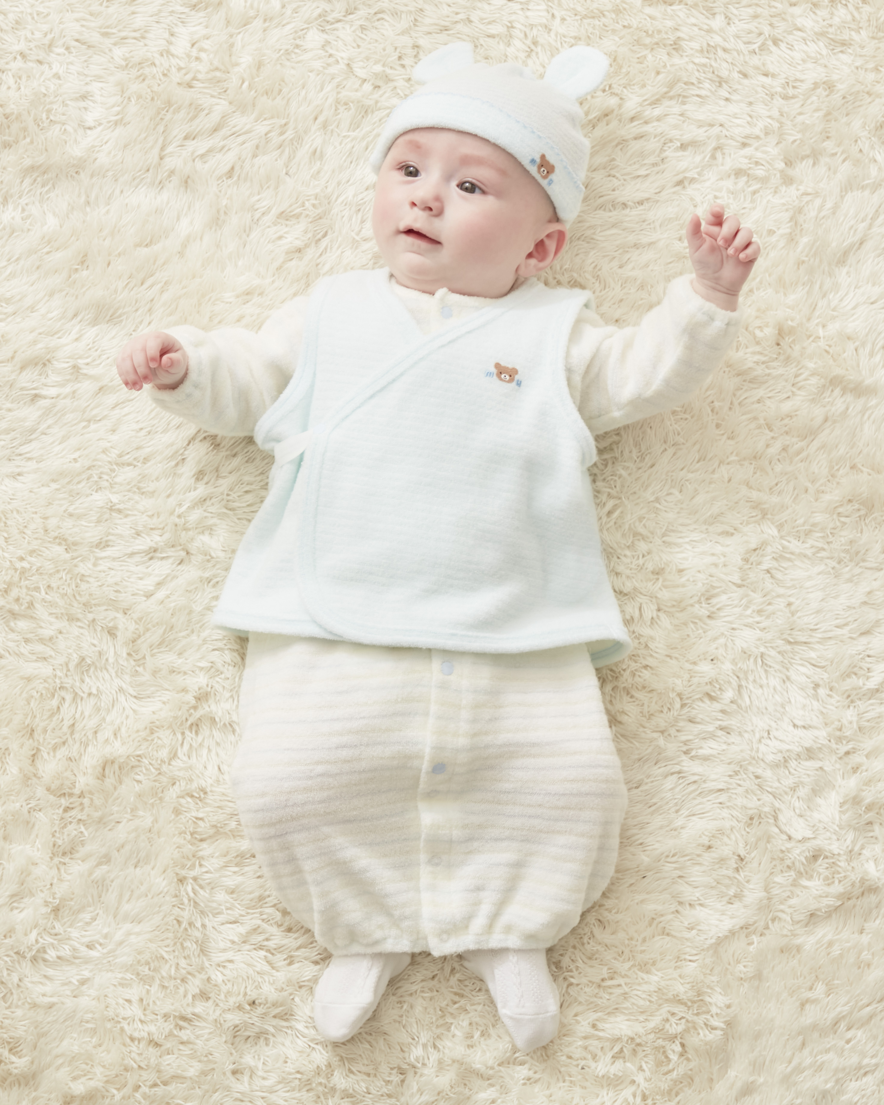 無撚紗刺繡純棉耳朵帽-天藍