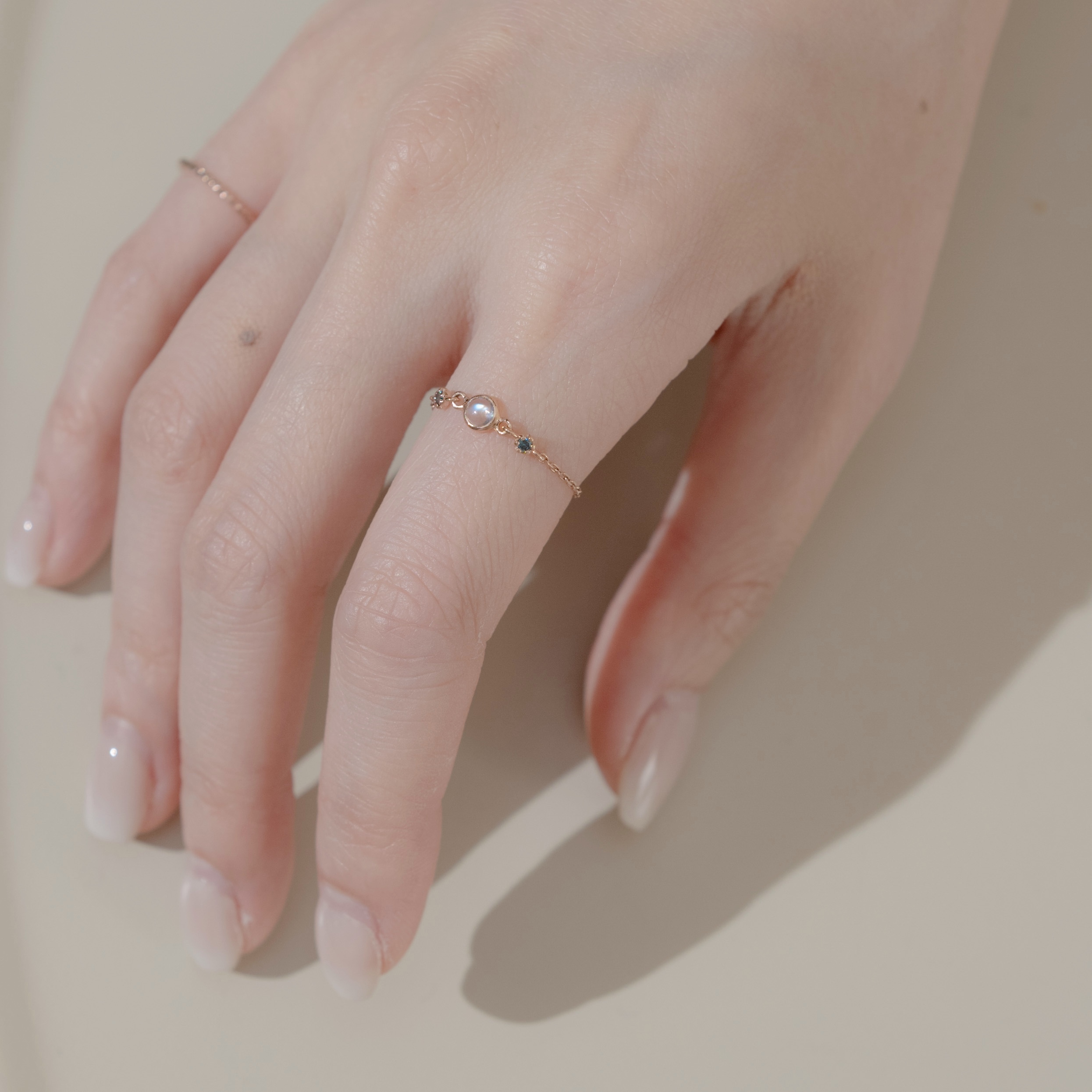 14k blossom月光石藍鑽可調式鍊戒