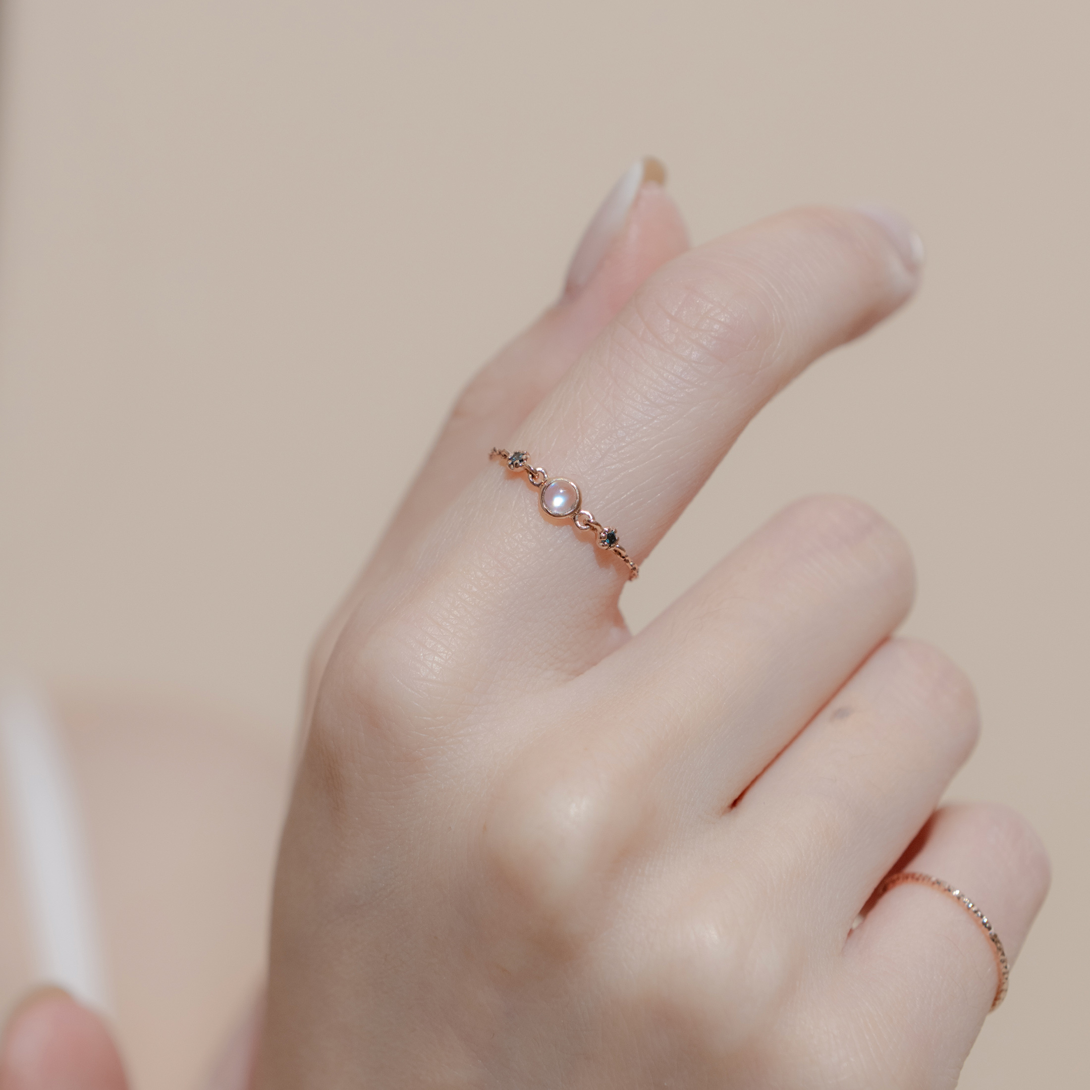 14k blossom月光石藍鑽可調式鍊戒