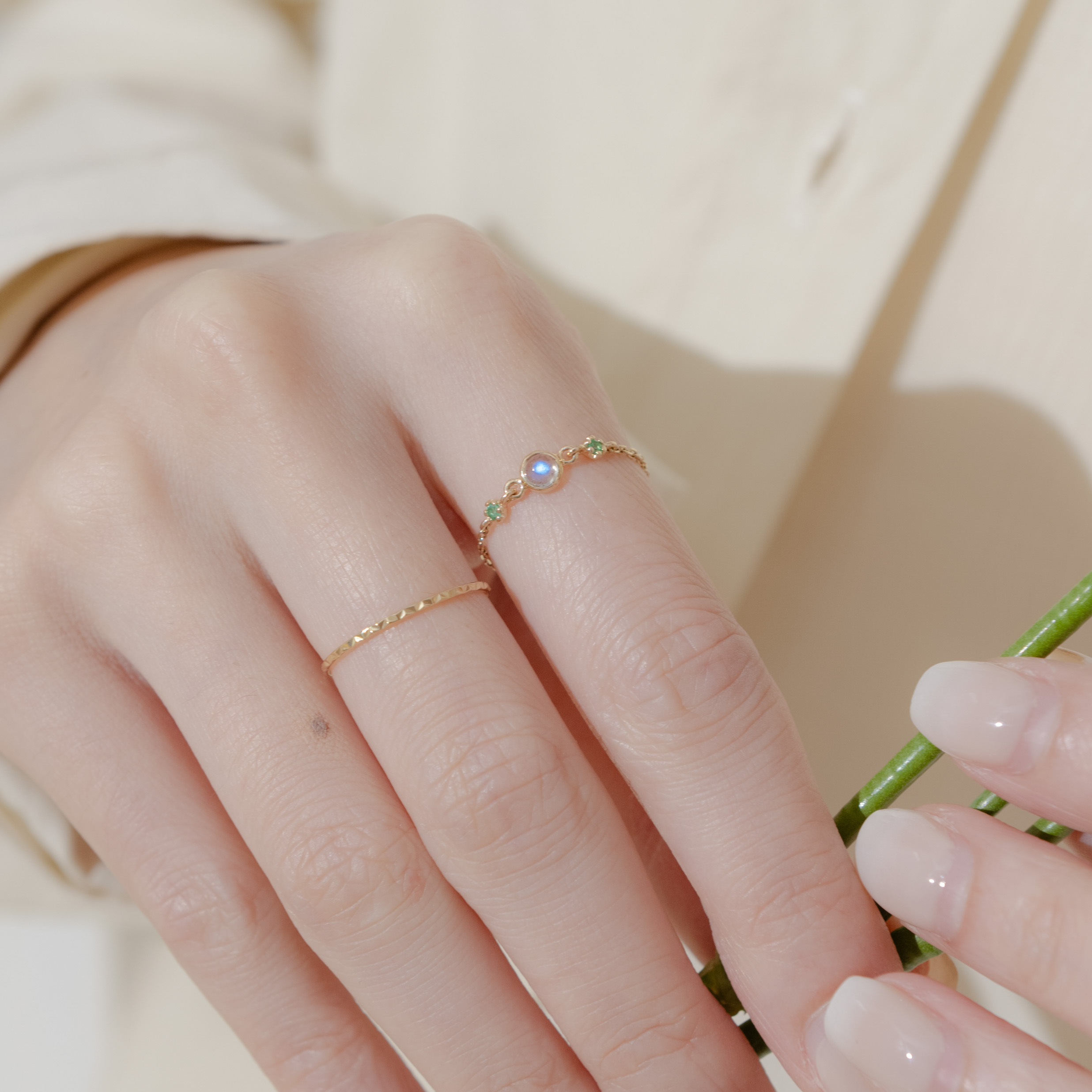 14k blossom拉長石祖母綠可調式鍊戒