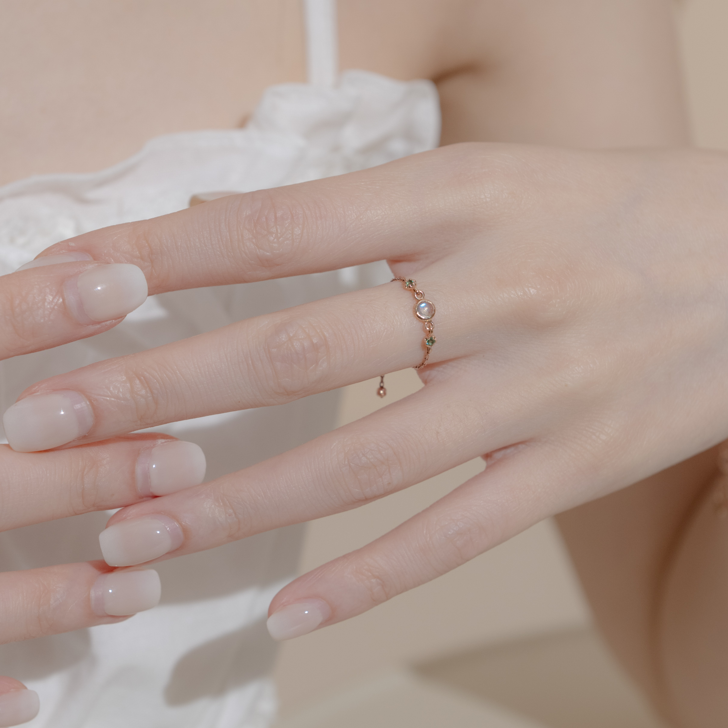 14k blossom拉長石祖母綠可調式鍊戒