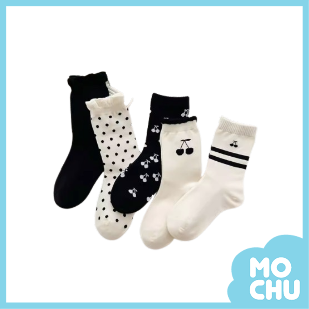 黑白花邊櫻桃短襪五入組