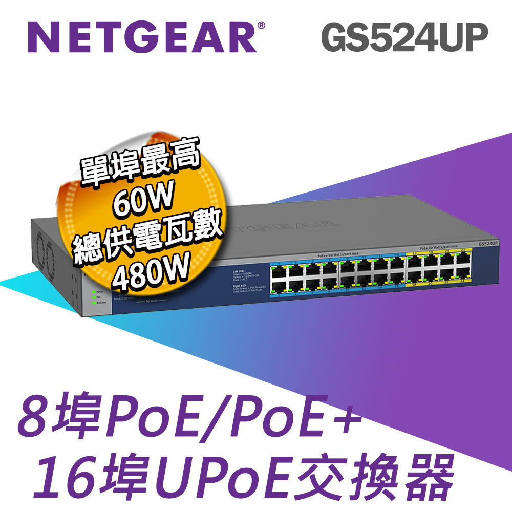NETGEAR GS524UP 16埠 Gigabit UPoE (單埠60W) + 8埠 Gigabit PoE+ (單埠30W)  交換器  總PoE瓦數 480W