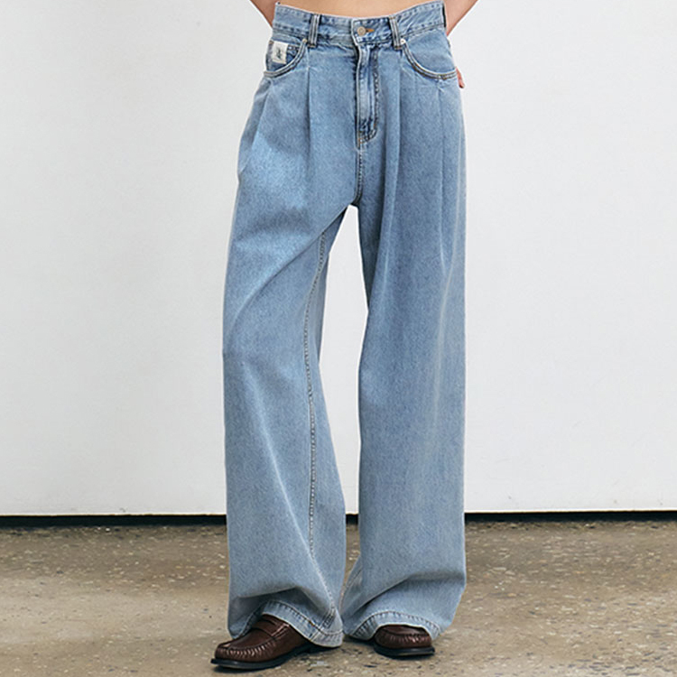 刺繡LOGO雙褶牛仔褲