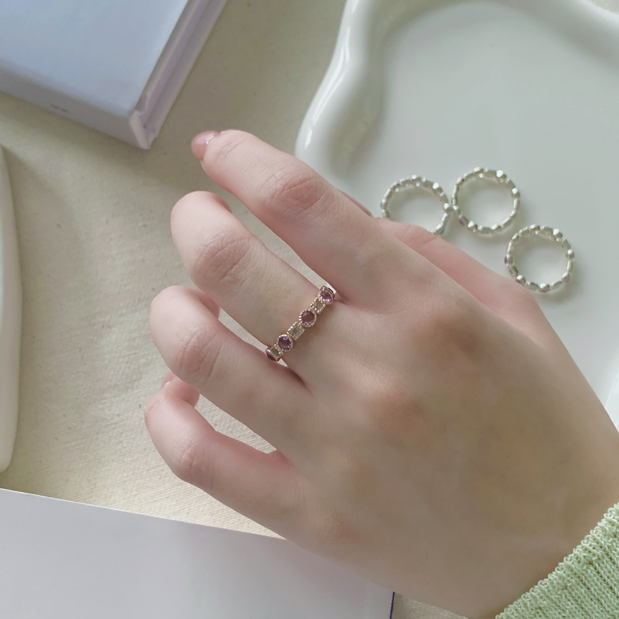 蛋糕整圈方圓紫水晶拉長石戒指