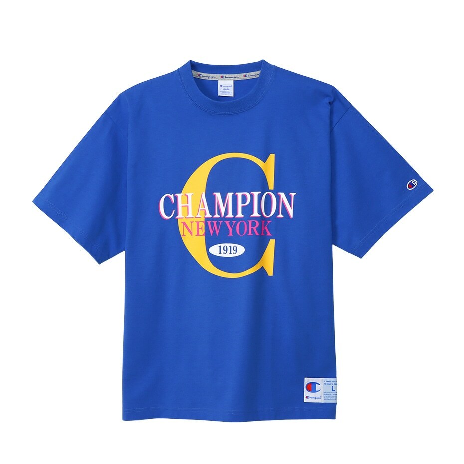 男款- ACTION STYLE 復古運動 BigC 植絨 寬短 短TEE-藍色（C3-Z310-327）