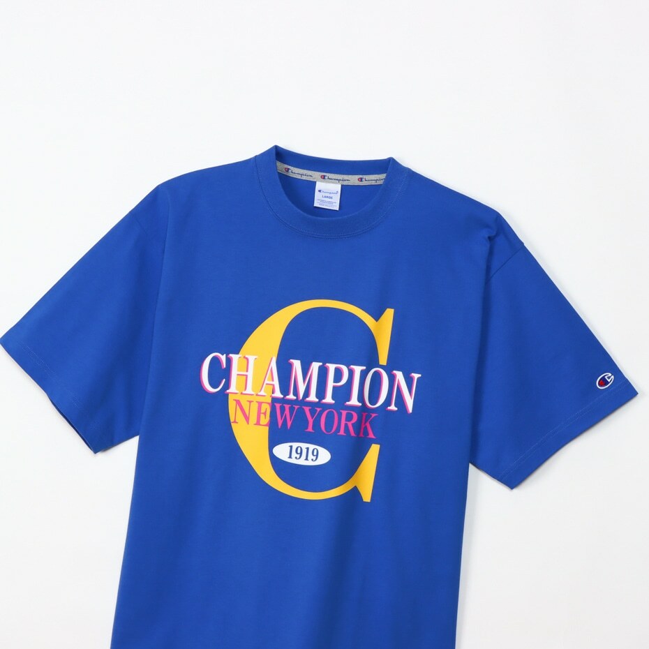 男款- ACTION STYLE 復古運動 BigC 植絨 寬短 短TEE-藍色（C3-Z310-327）