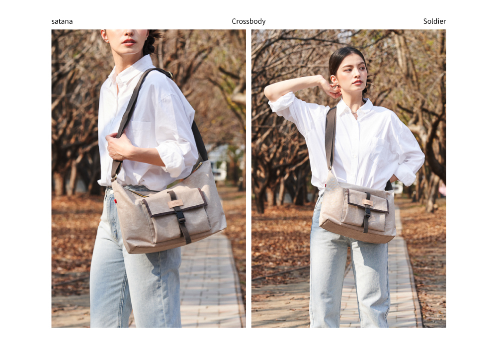 棕色斜背包 防潑水斜背包 跨肩包 斜肩包 男包 女包 包包推薦 包包品牌 休閒包款 Soldier 趣遊無邊斜背包 satana SOS2970-419 奶茶色 女生斜背情境照