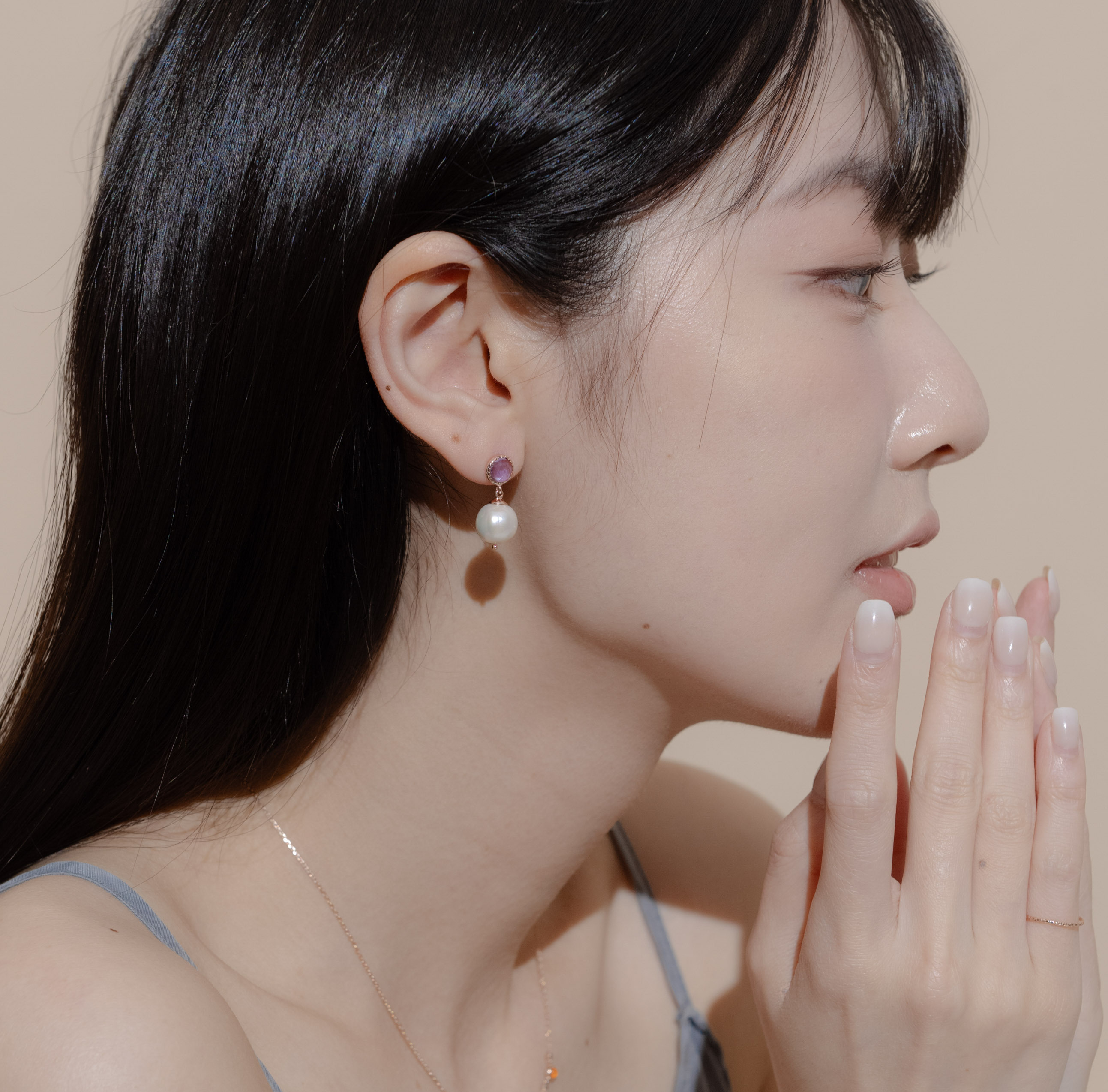 蛋糕邊紫水晶大珍珠耳環