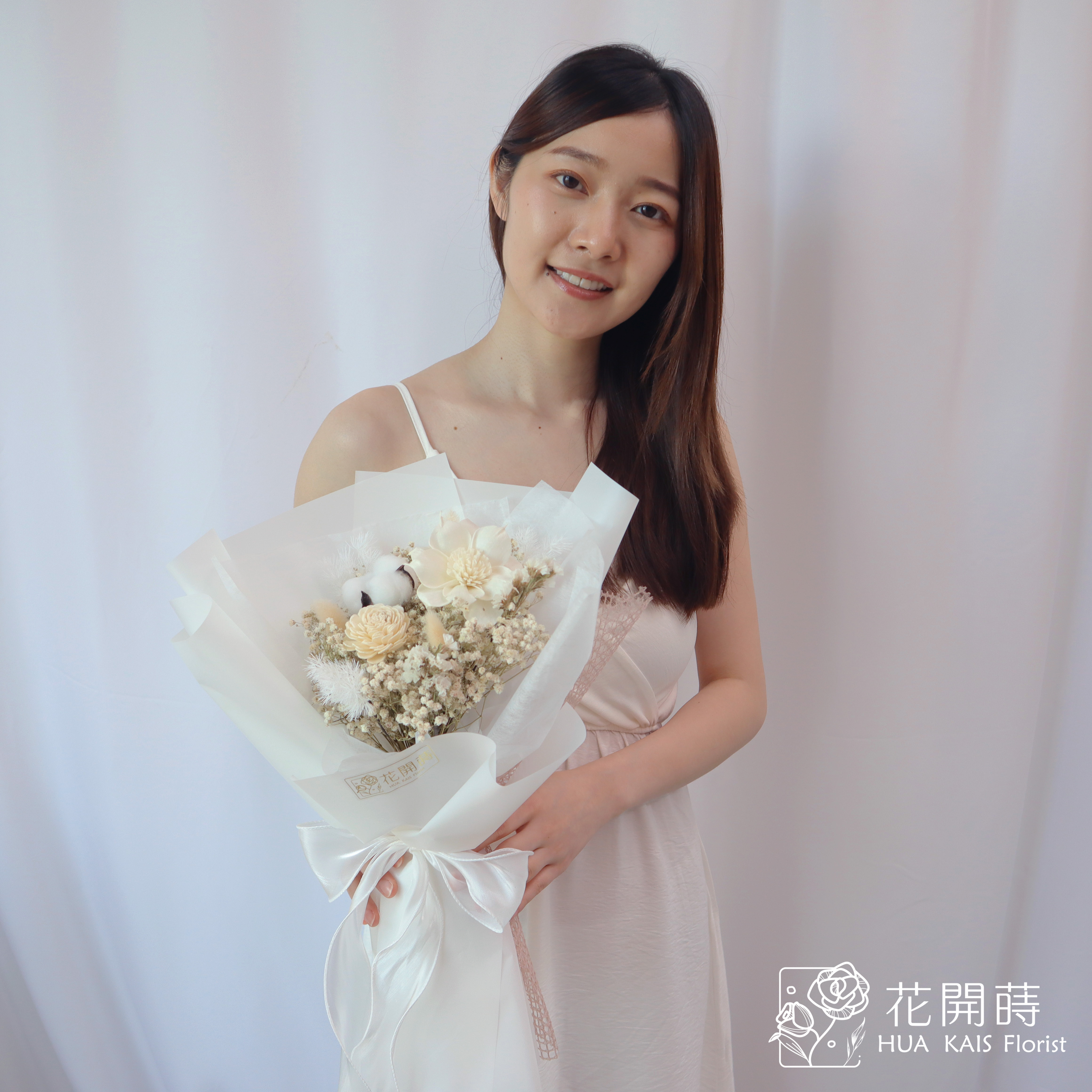 乾燥花束|天使白乾燥花束(M)|中型花束|永生花|情人節花束|畢業花束|母親節花束