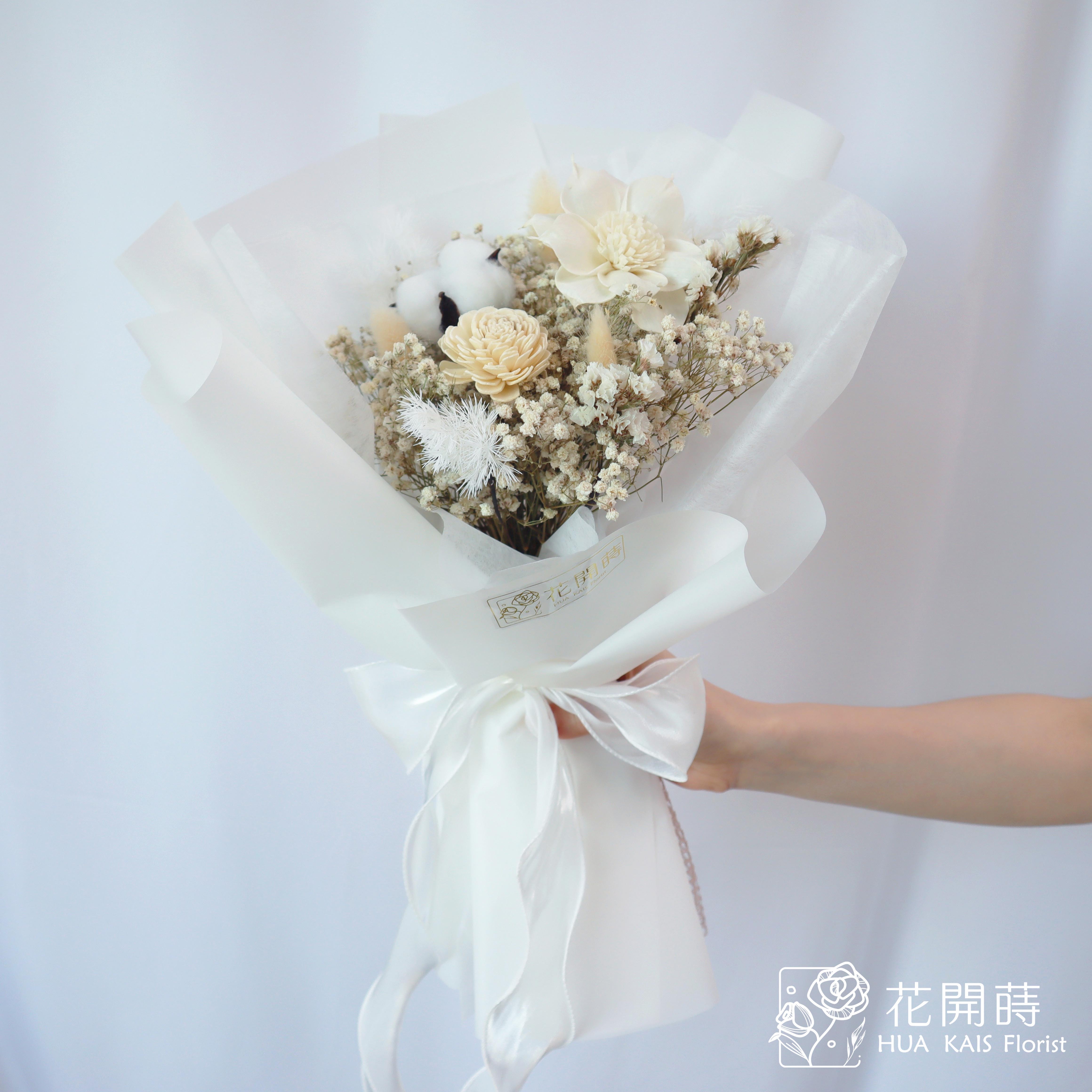 乾燥花束|天使白乾燥花束(M)|中型花束|永生花|情人節花束|畢業花束|母親節花束