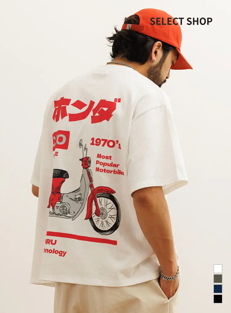 本田懷舊摩托車印花短袖T恤