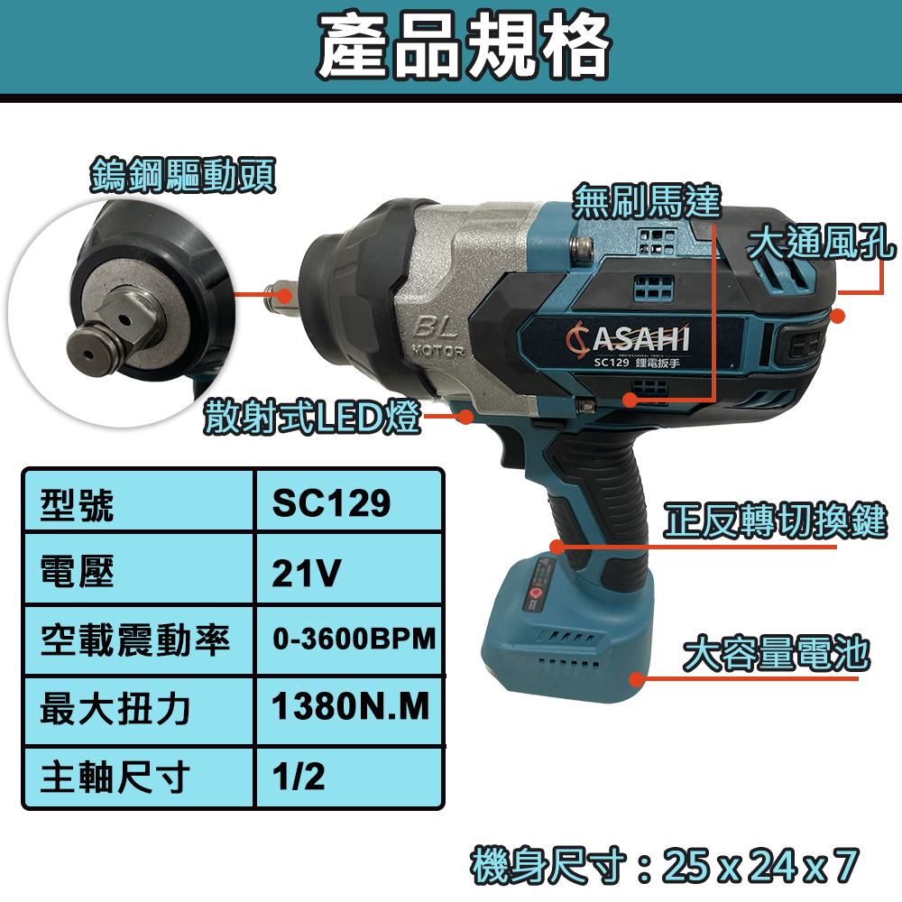 附發票｜SC129電動板手機｜ 21V 無刷電動扳手 衝擊起子機 電鑽 空機