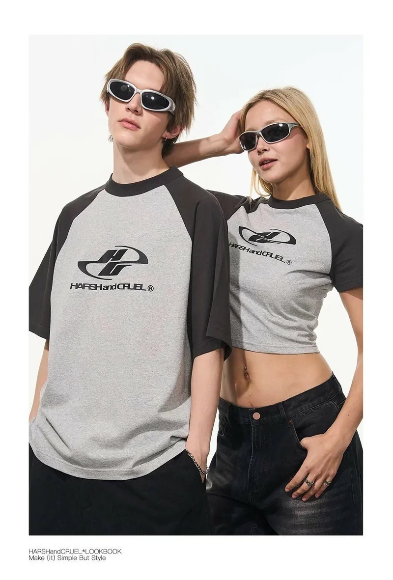 Harsh and Cruel 24SS 格雷系拼色Logo插肩短版短袖 男女款