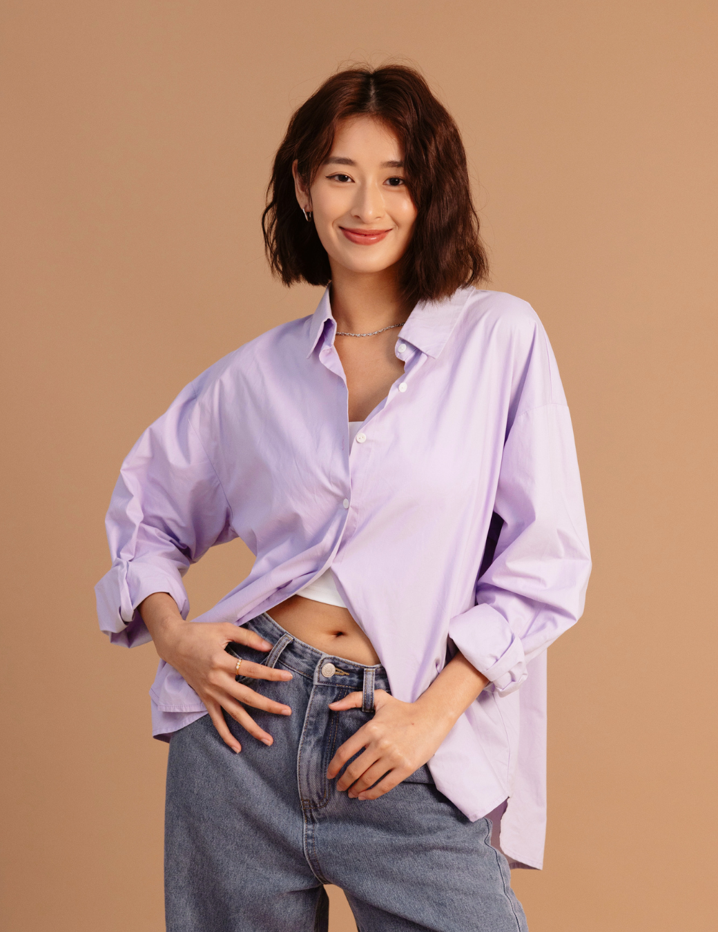 後排扣多穿寬鬆襯衫（紫色）