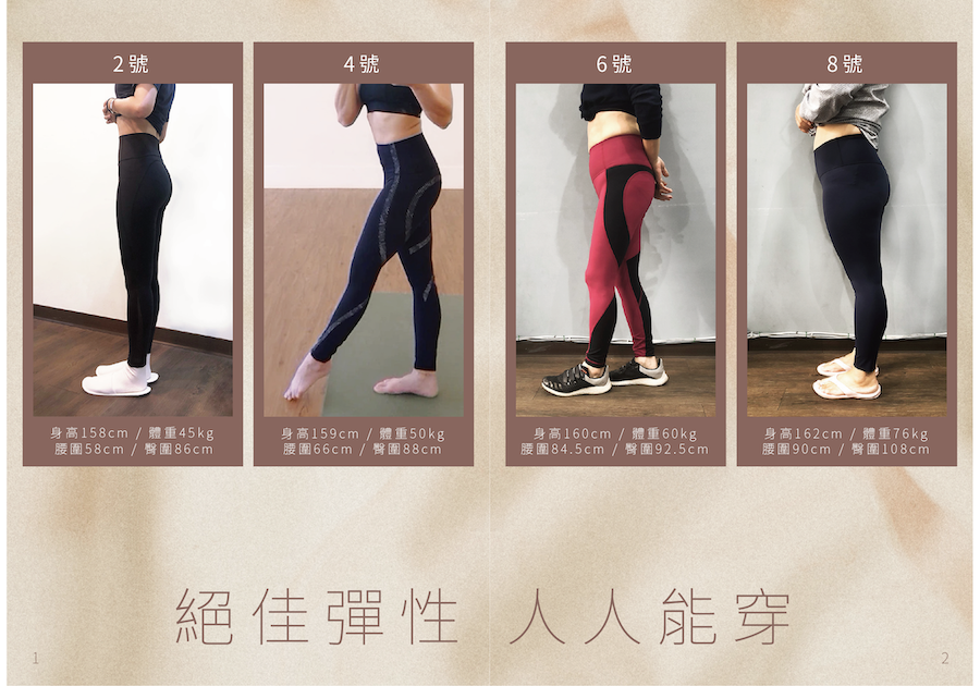 照片中有四個模特兒穿 ASify 瑜伽褲，從 40 公斤到 80 公斤都可以穿著。ASify 瑜伽褲的尺寸很齊全，不管什麼身形的女孩都可以穿。