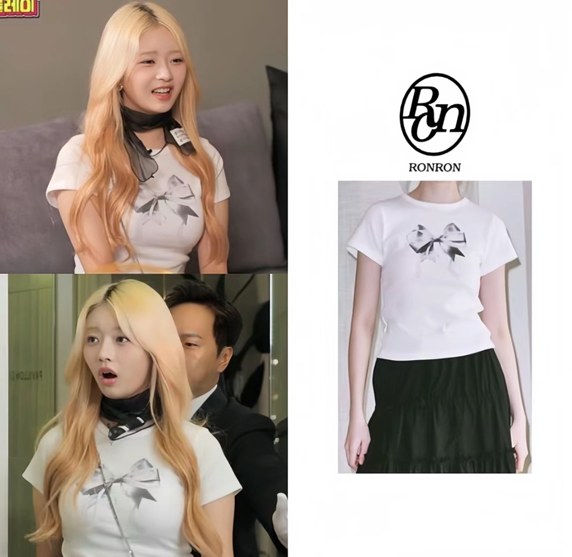 ◆RONRON◆ DOUBLE RIBBON SLIM CROP T SHIRT WHITE SILVER Ronron Double Ribbon Slim Crop T-Shirt White-Silver | ของแท้