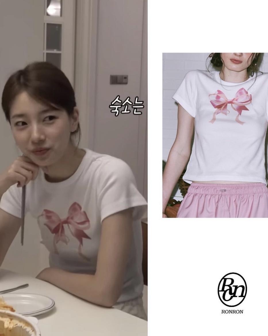 RONRON) DOUBLE RIBBON SLIM CROP T SHIRT | WHITE PINK