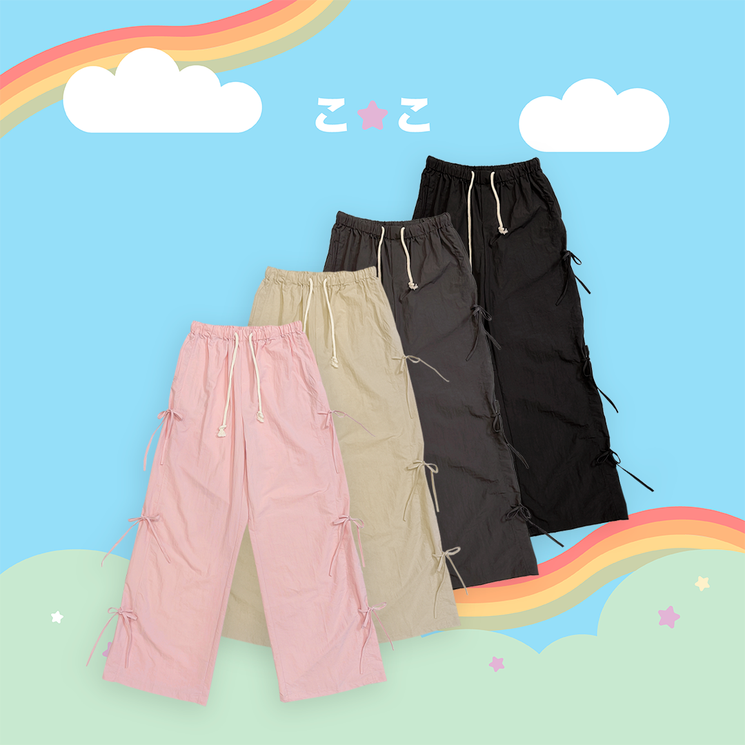 こ♡こ 蝴蝶結緞帶鬆緊工裝寬褲