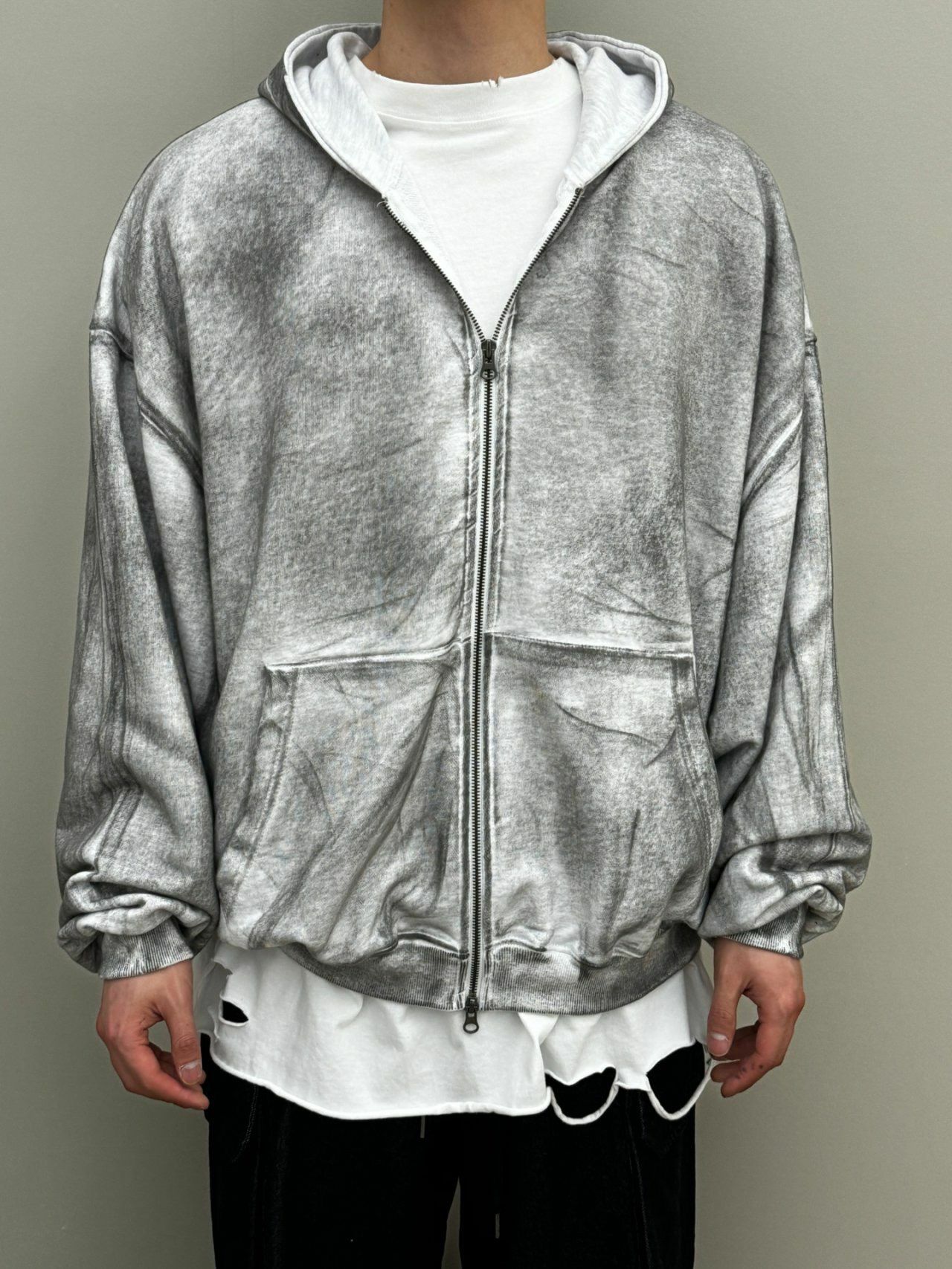 淨色仿污連帽拉鍊外套 GLAMOUR-014JK