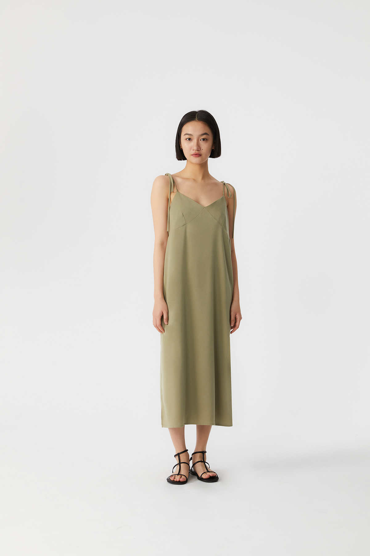 DRAPE V領綁帶洋裝 女（橄欖綠）