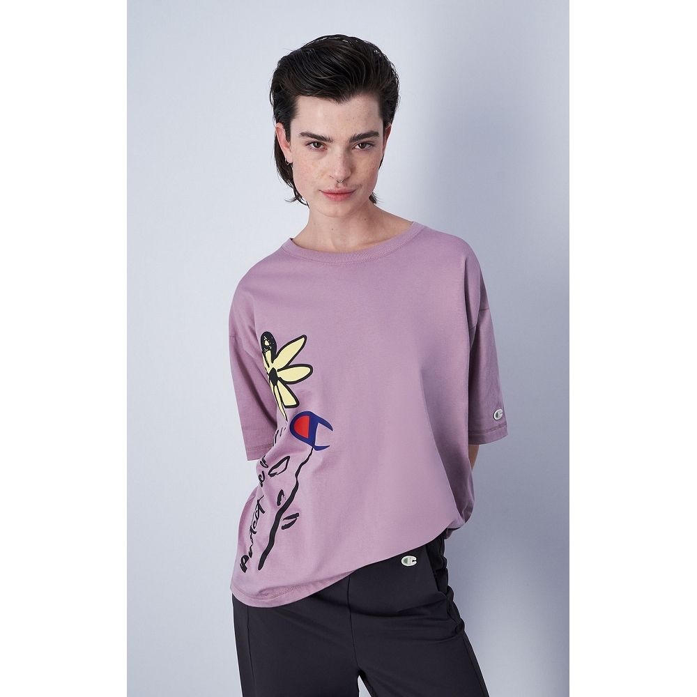 女款-ECO 愛地球系列 Flower 寬鬆 印花短TEE-藕色（117179-PS162）