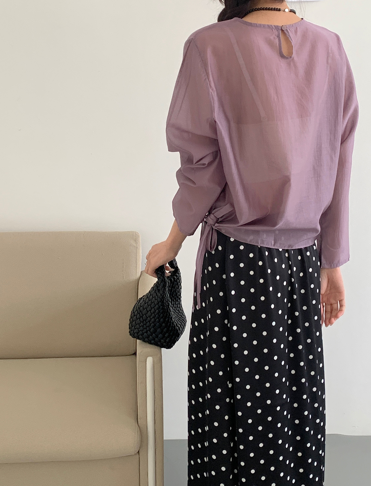 側綁帶雪紡長袖上衣