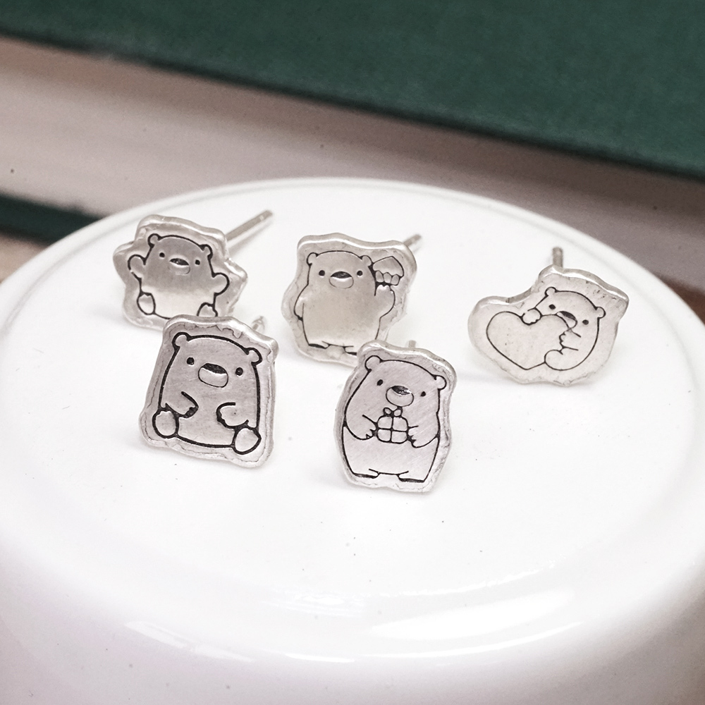 買3送1 塗鴉耳環 快樂熊系列 925純銀 趣味款 手工耳環