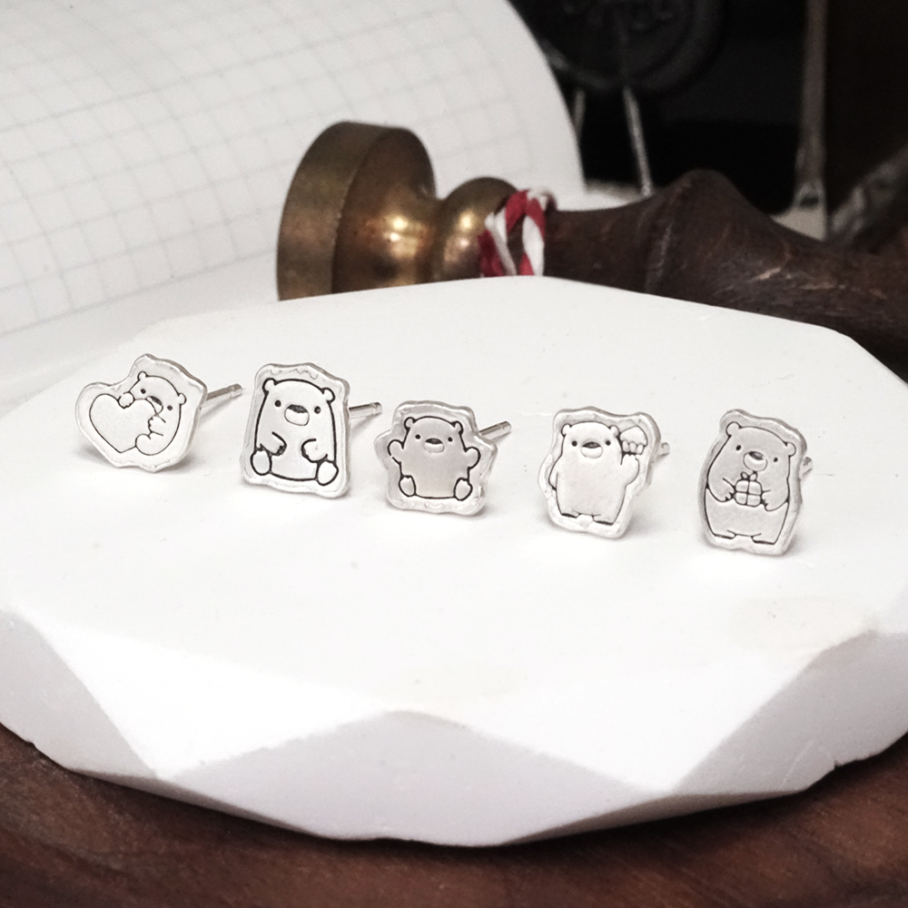 買3送1 塗鴉耳環 快樂熊系列 925純銀 趣味款 手工耳環