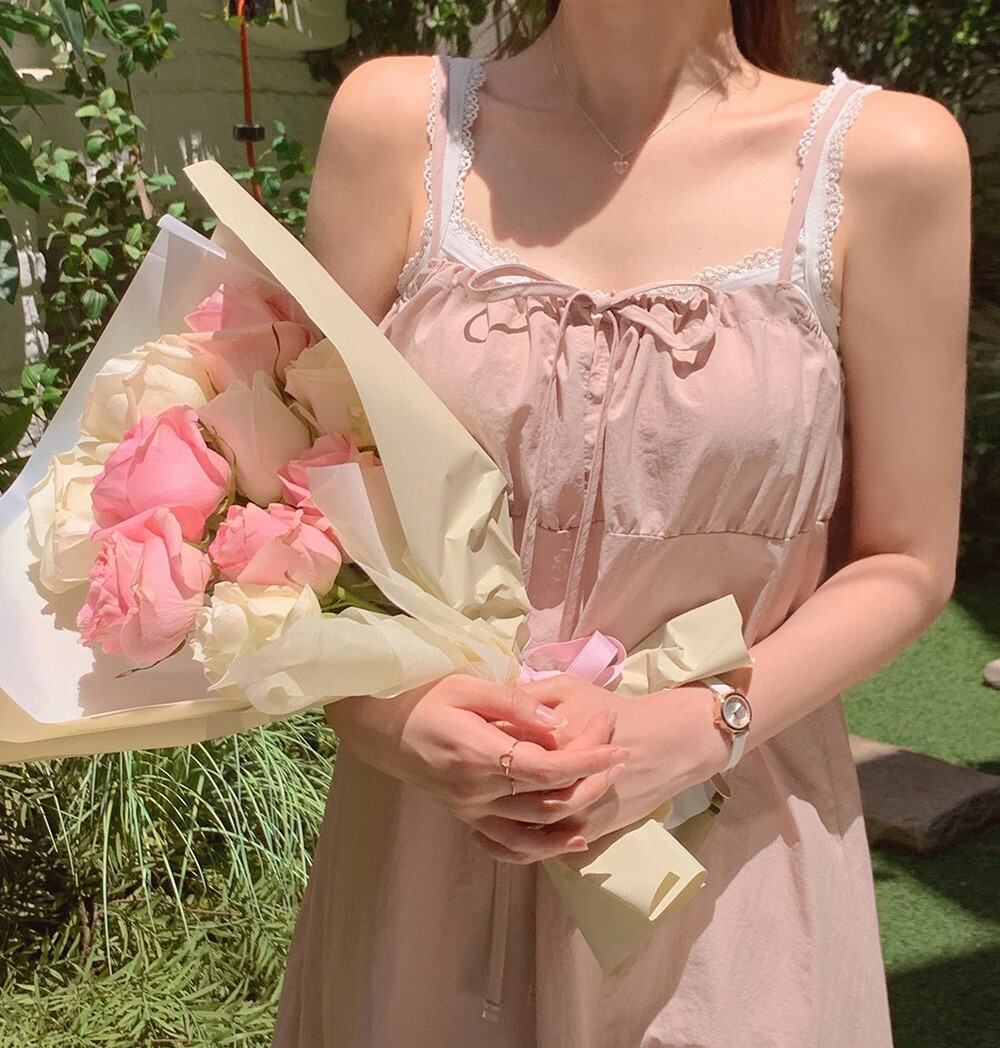 韓國grace muse授權 夏氛溫柔三色抽繩綁帶領細肩洋裝