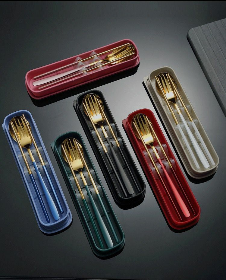 amazon熱賣 食用級別 不鏽鋼 食用餐具 三件套 送便攜餐具盒