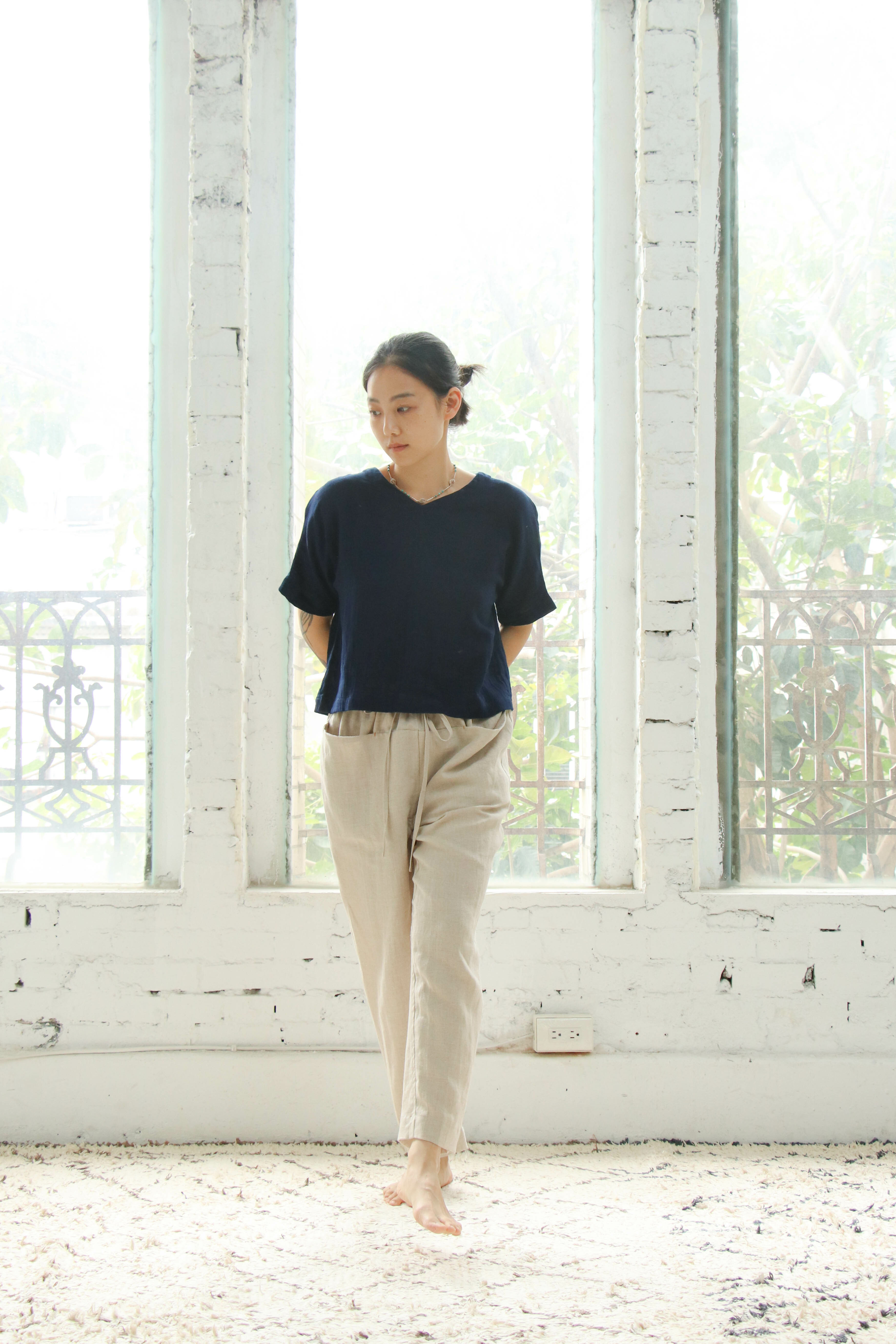Ujeli 亞麻鬆緊休閒褲裝 亞麻原色 M