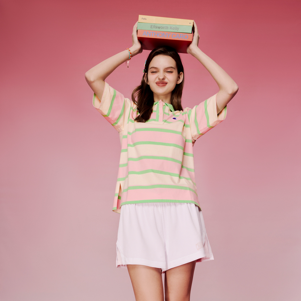 女款- For Her 撞色寬條紋 短袖 POLO衫-粉色（T030HS24-UN6）