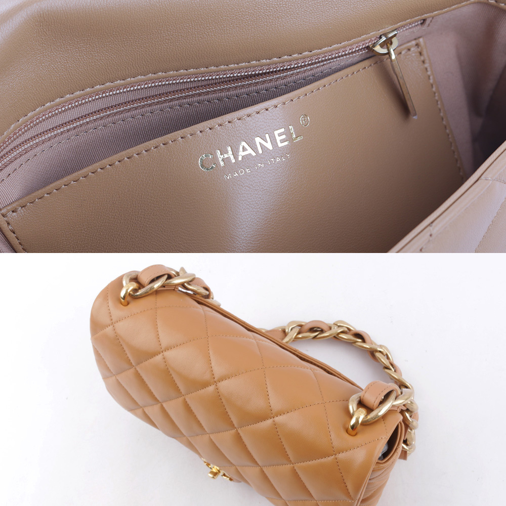 【CHANEL】金色CC Logo 仿舊粗鍊小羊皮肩背包(焦糖色) AS3215 B10393 NM366