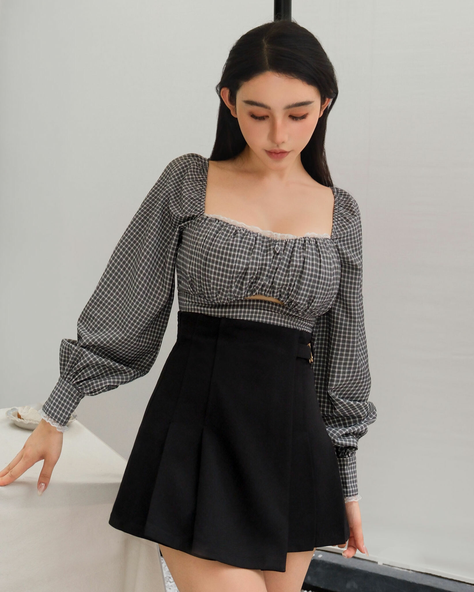 訂製-甜美格紋方領桃心上衣