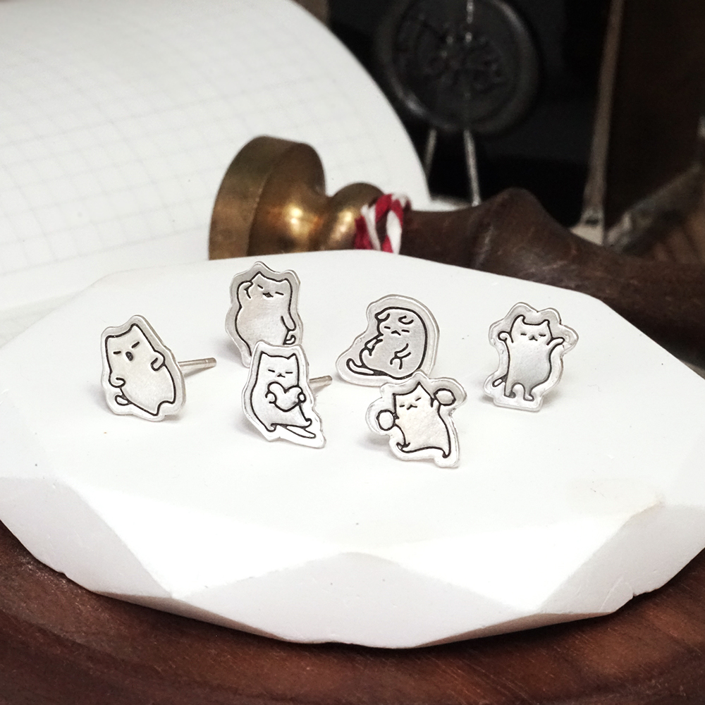 買3送1 塗鴉耳環 悠哉貓系列 925純銀 趣味款 手工耳環