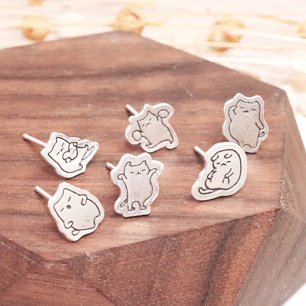 買3送1 塗鴉耳環 悠哉貓系列 925純銀 趣味款 手工耳環