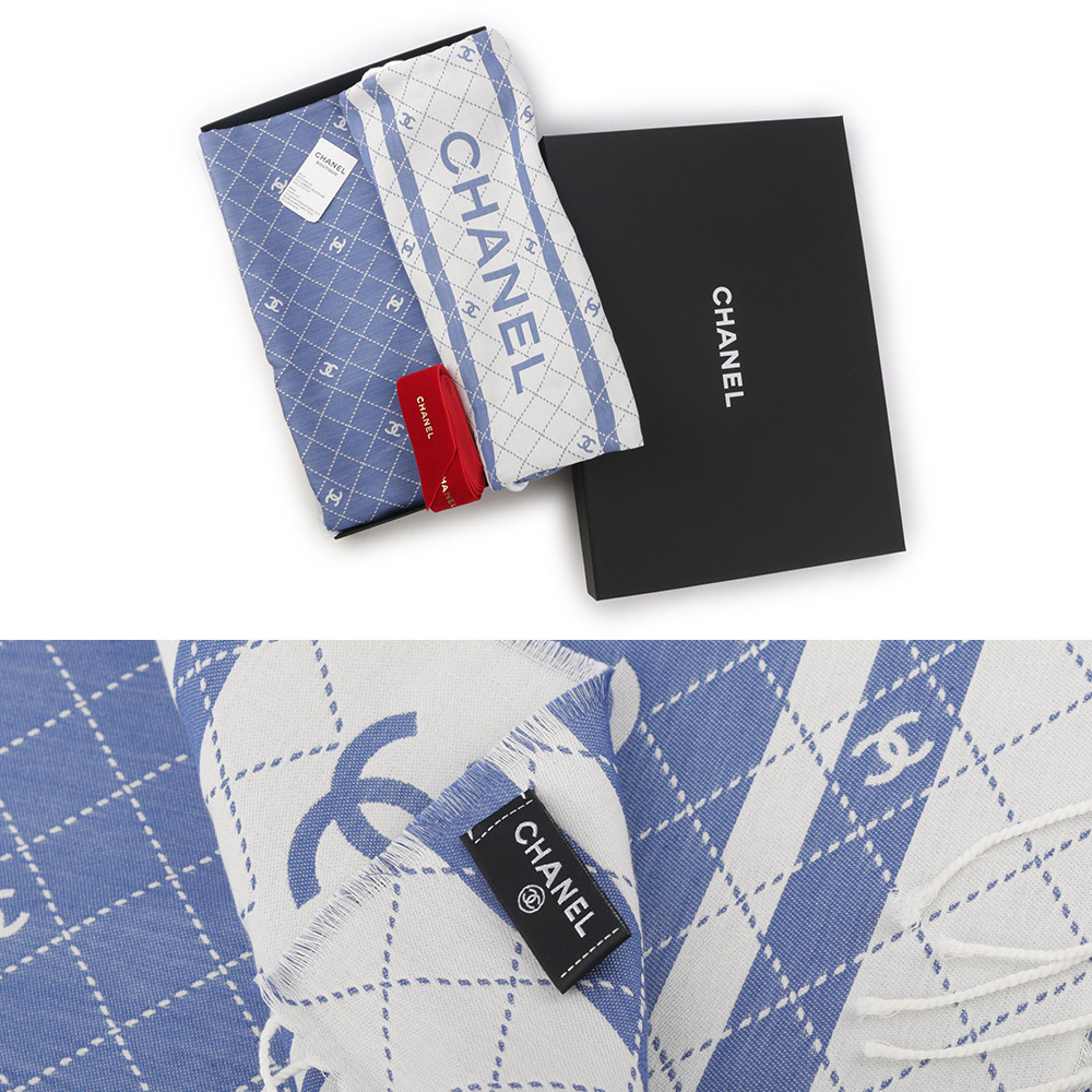 【CHANEL】CC Logo 標誌菱格紋棉質混絲束口後背包+浴巾組(藍色) AA9922 B16071 NW154