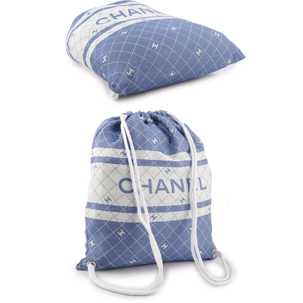 【CHANEL】CC Logo 標誌菱格紋棉質混絲束口後背包+浴巾組(藍色) AA9922 B16071 NW154