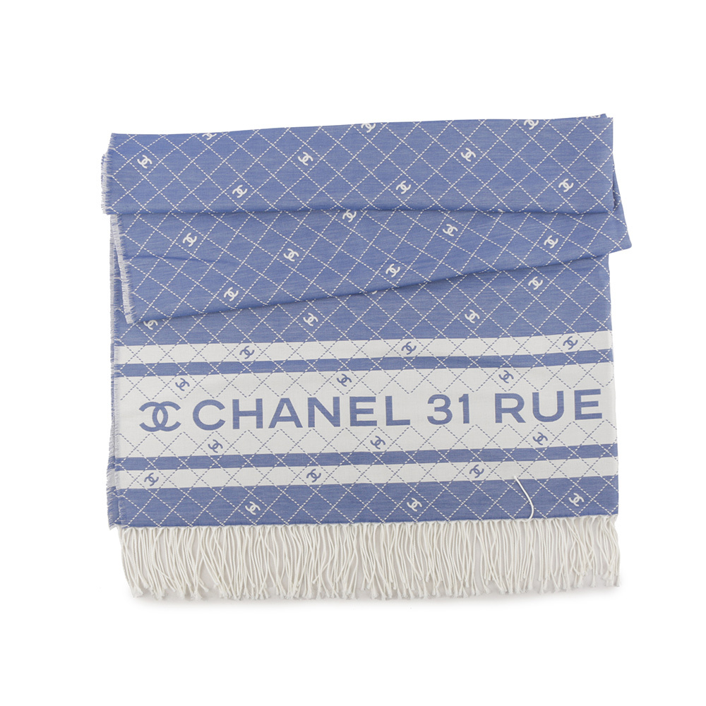 【CHANEL】CC Logo 標誌菱格紋棉質混絲束口後背包+浴巾組(藍色) AA9922 B16071 NW154