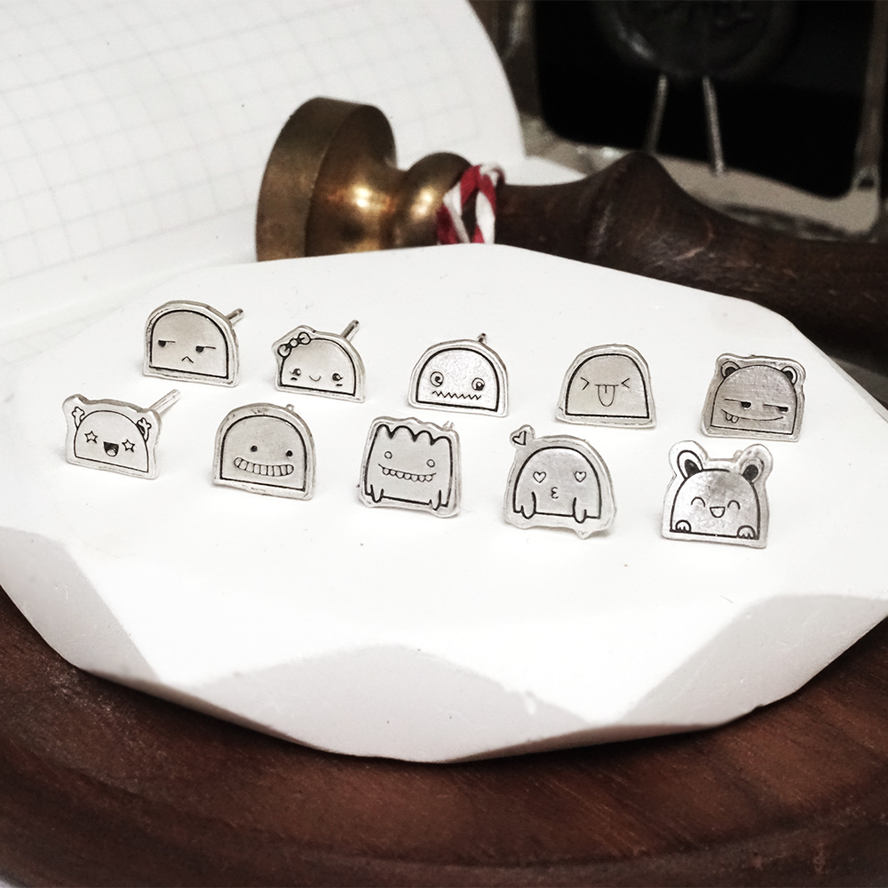 買3送1 塗鴉耳環 圓滾滾的小夥伴 925純銀 趣味款 手工耳環