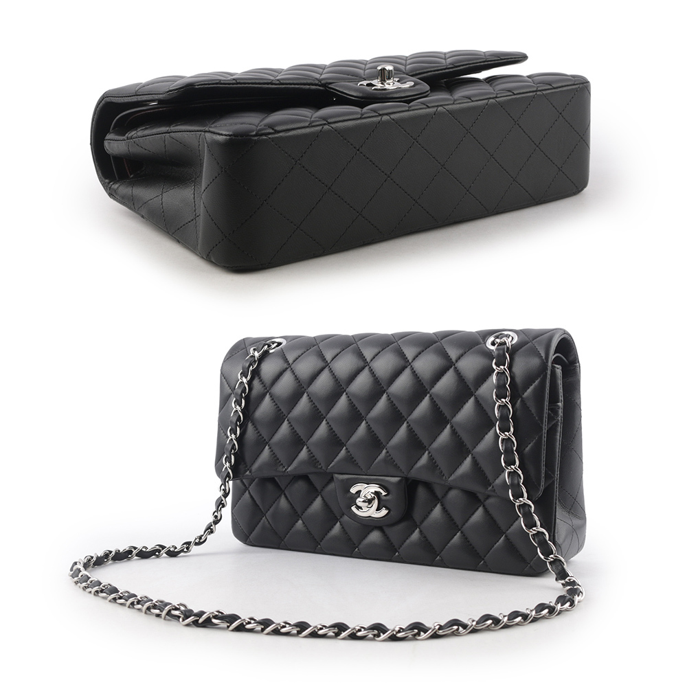【CHANEL】銀釦菱格紋小羊皮 25cm COCO包(黑色) A01112 Y01480 94305