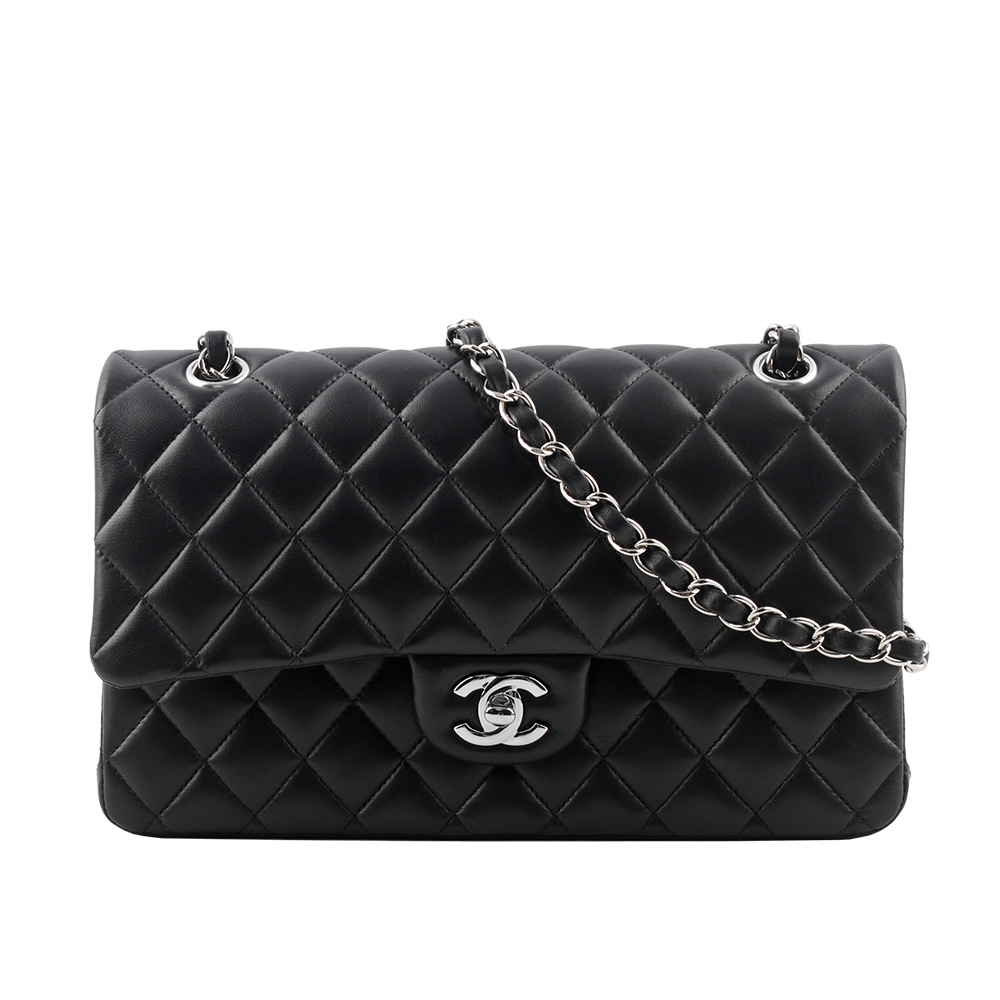 【CHANEL】銀釦菱格紋小羊皮 25cm COCO包(黑色) A01112 Y01480 94305
